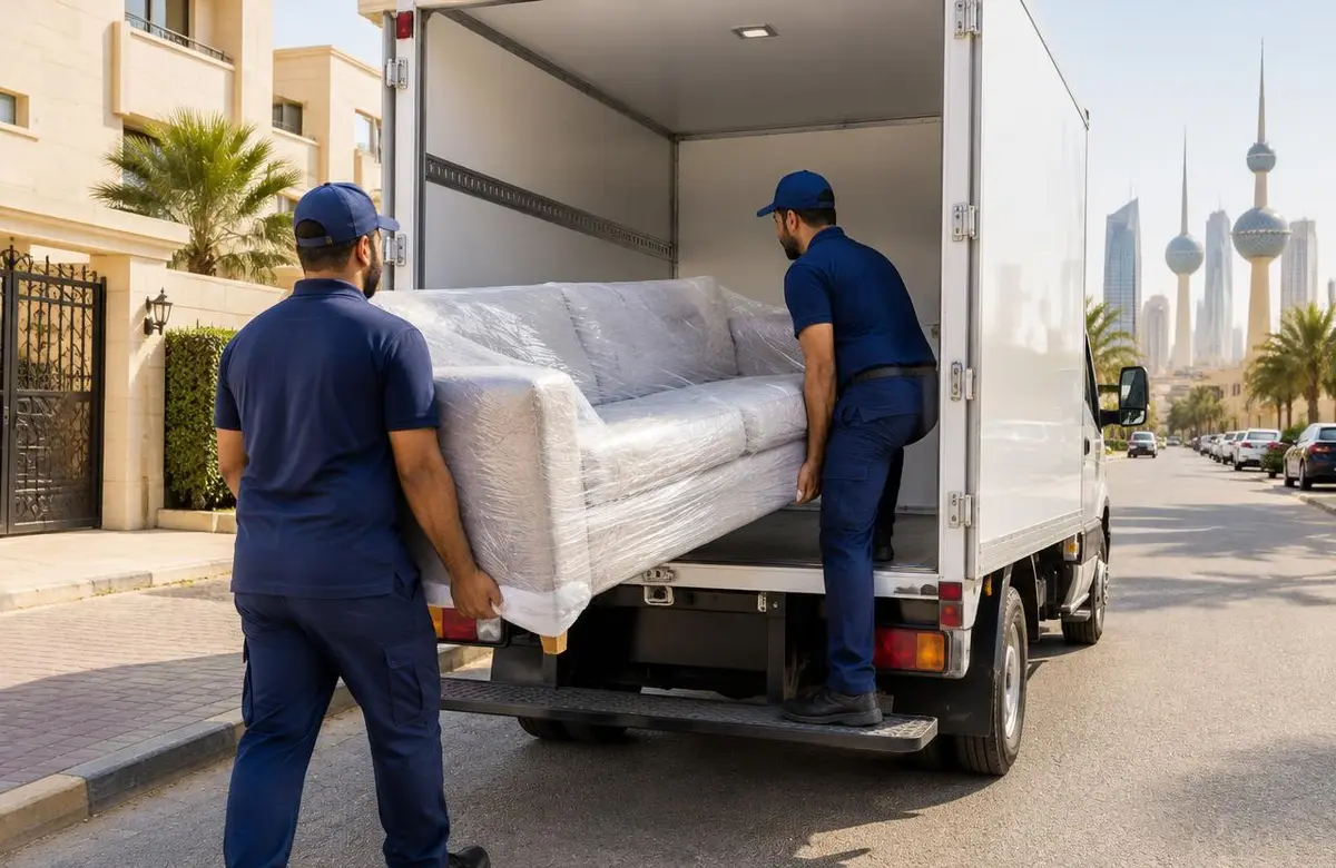عمال نقل العفش في الكويت يحملون كنبة مغلفة إلى سيارة مقفلة